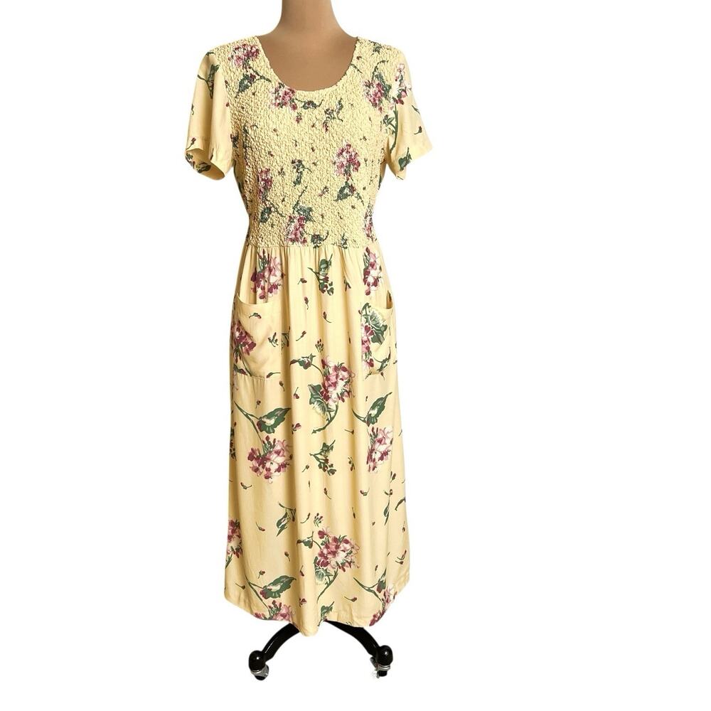Carol Anderson Petites 14 Yellow Floral Smocked Rayon Midi Dress Cottagecore USA